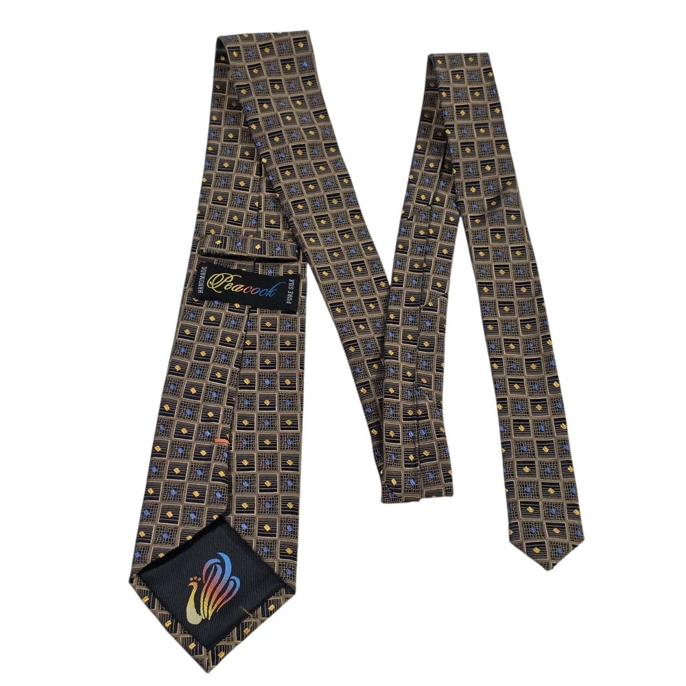 Peacock Men's Silk Geometric Pattern Necktie‎ Brown Blue Yellow Handmade Luxury